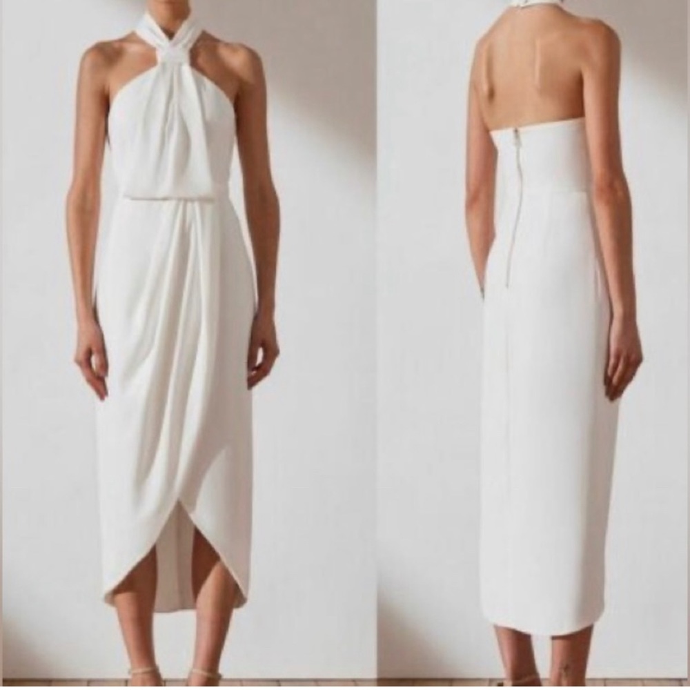SHONA JOY x REVOLVE Ivory White Core Knot Draped Halter Neck Midi Tulip Gown 8